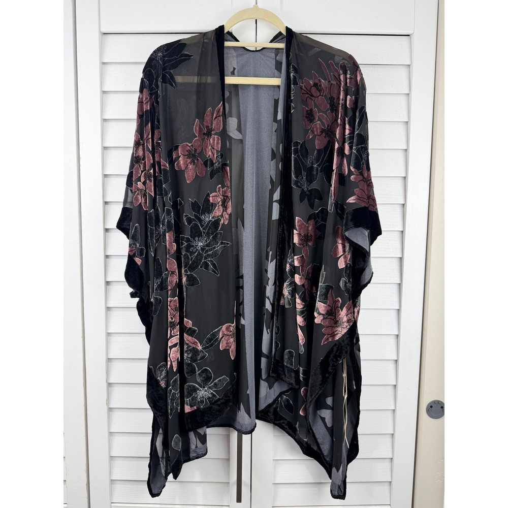 Lovestitch Kimono OS Black Floral Velvet Burnout Sheer Open Front Wrap NEW